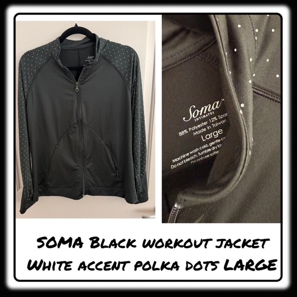 Soma workout jacket solid black, accented with white polka dots size large